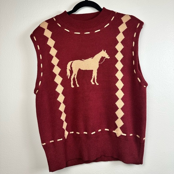 THML Burgundy Horse Sweater Vest Size L Equestrian Cottagecore - Picture 3 of 6